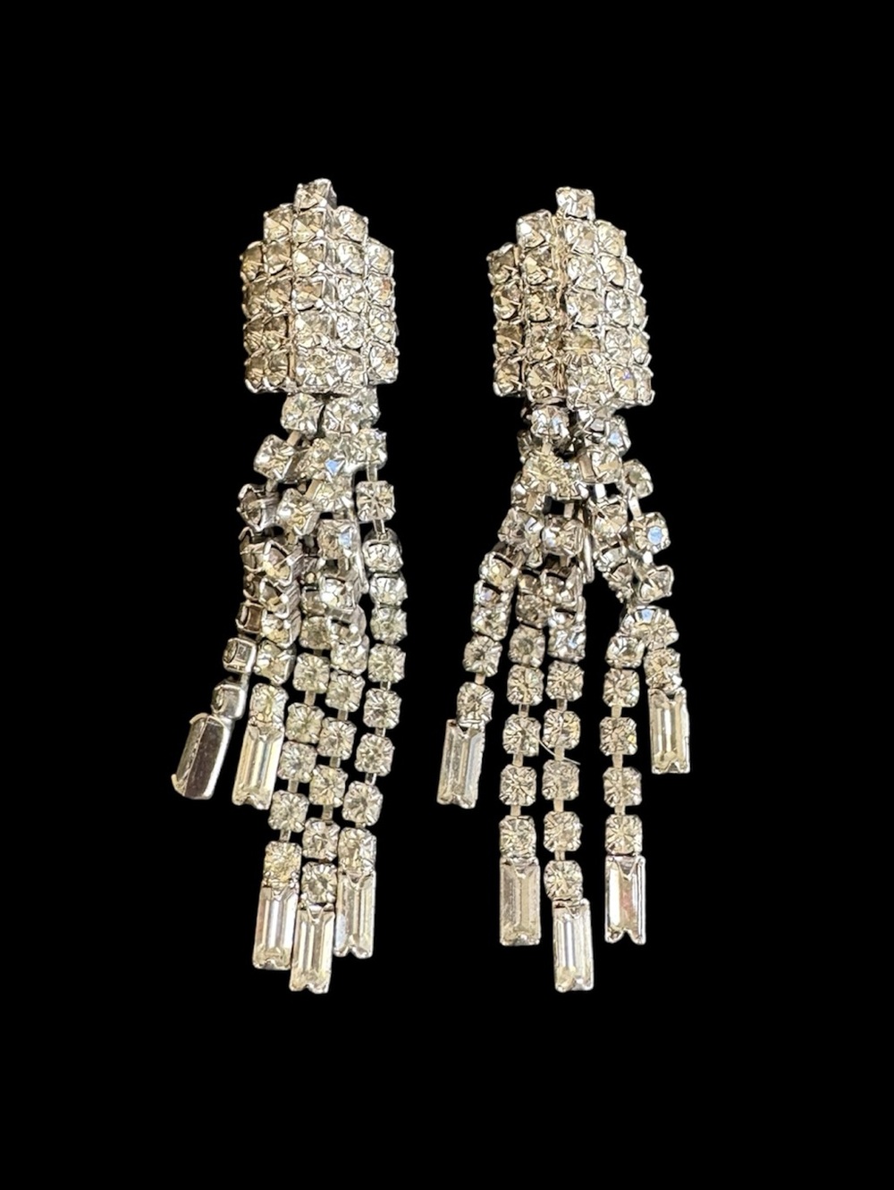 Vintage Rhinestone Statement Earrings Cocktail Festive Fringe Chandelier Drop